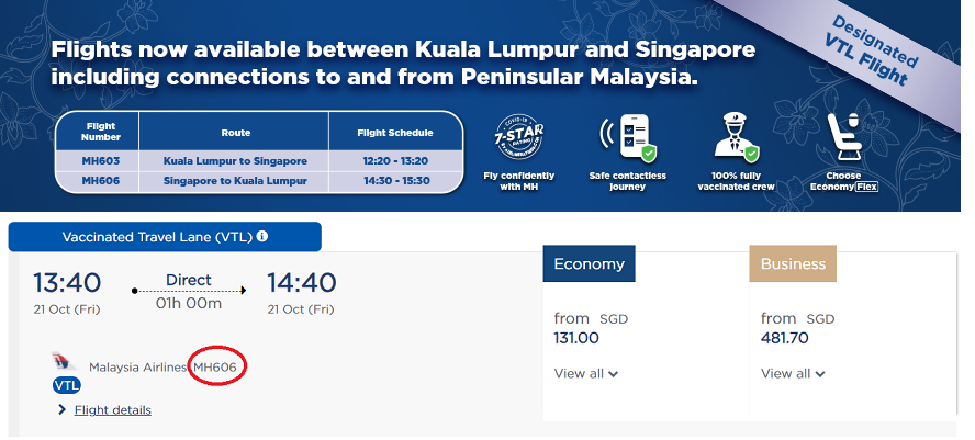 vtl flight malaysia airlines Singapore to KL