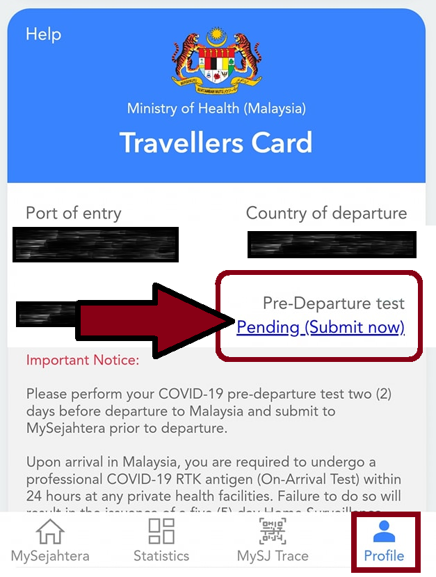 travellers card blue submit pre departure test covid pcr