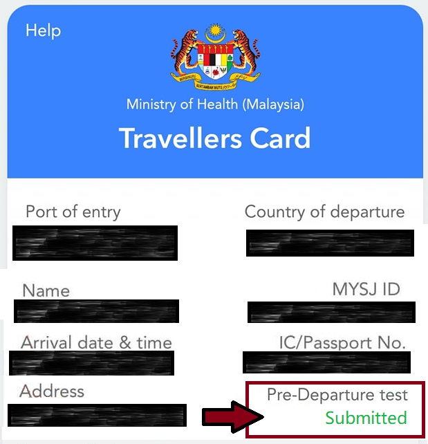 submitted pre-departure test travellers card