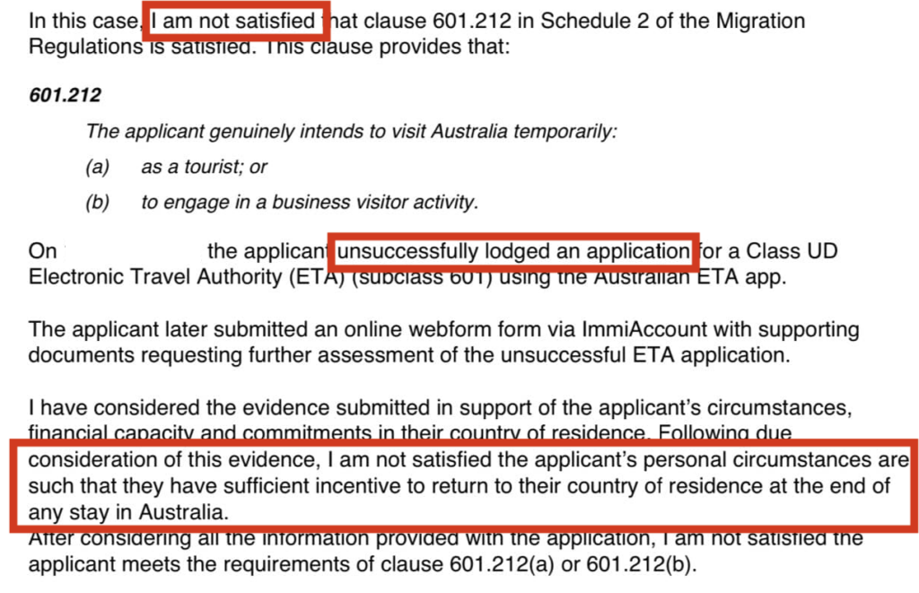 Australia ETA rejection letter reason
